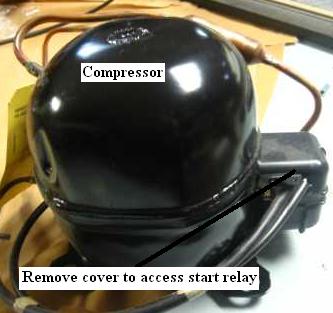 Remove cover to access start relay