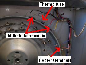 How do you replace the heating element in a GE dryer?